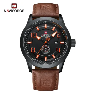 NAVIFORCE 9229 Trend Casual Wristwatch for Man Military Sports Water Resistant Leather Strap Men's Clock Quartz Calendar Male Watches - Black Red DarkBrown